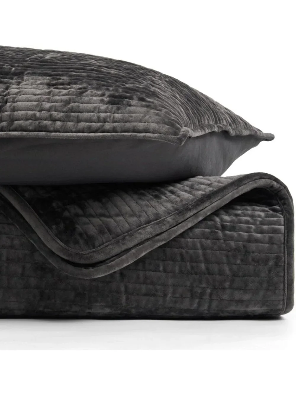 Luxurious Striped Velvet Quilt Set, King Size, Soft Washed Black Bedding